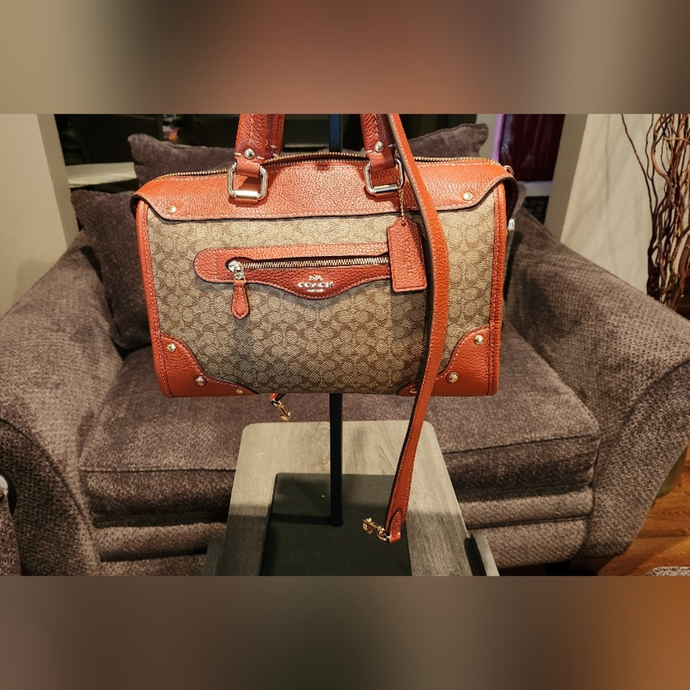 Coach Millie Satchel in colorblock signature canvas. Gold/Khaki/Terracotta.